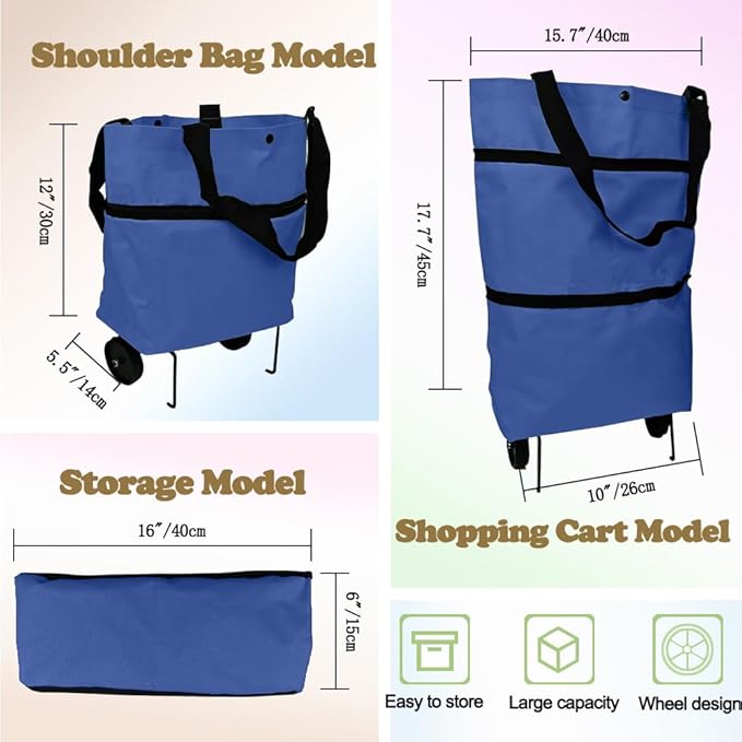 Collapsible Shopping Grocery Bag with Wheels Rolling Tote Bag with Wheels Large Reusable Shopping Bags Foldable Cart(Blue,Large)