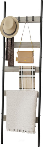 Blanket Ladder, 5-Tier Towel Holder with 4 Removable Hooks, Farmhouse Wall Leaning Decorative Rack Shelf, Wooden Towel Displa