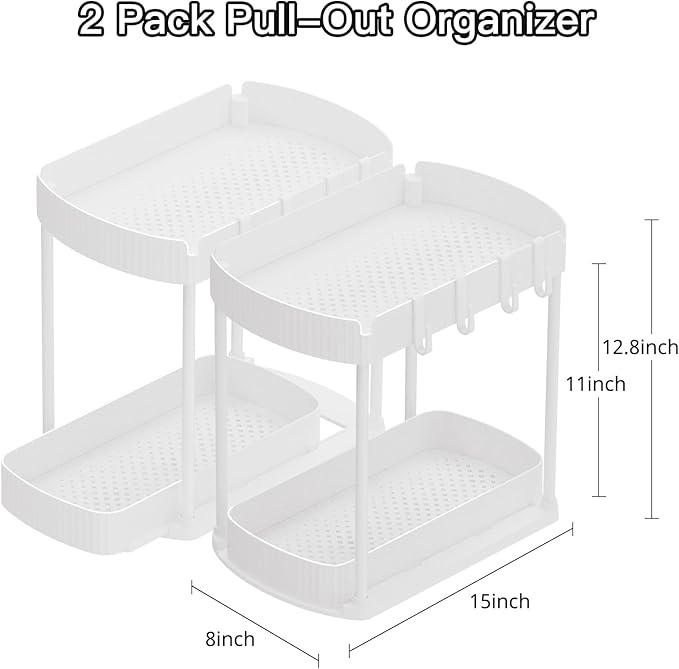 Ukeetap 2 Pack Multi-Purpose Pull-Out Storage Organizers, Under Sink & Cabinet Storage, 12.8 Inch, White