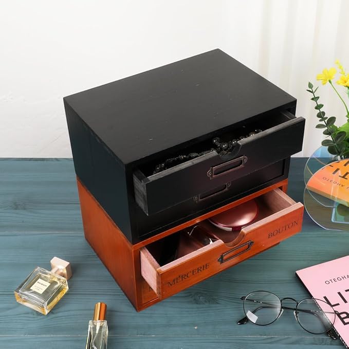 Wooden Storage Box Rustic Desktop Organizer with 2 Drawers Office Desk Accessories Shelf Small Craft Storage Containers Apoth