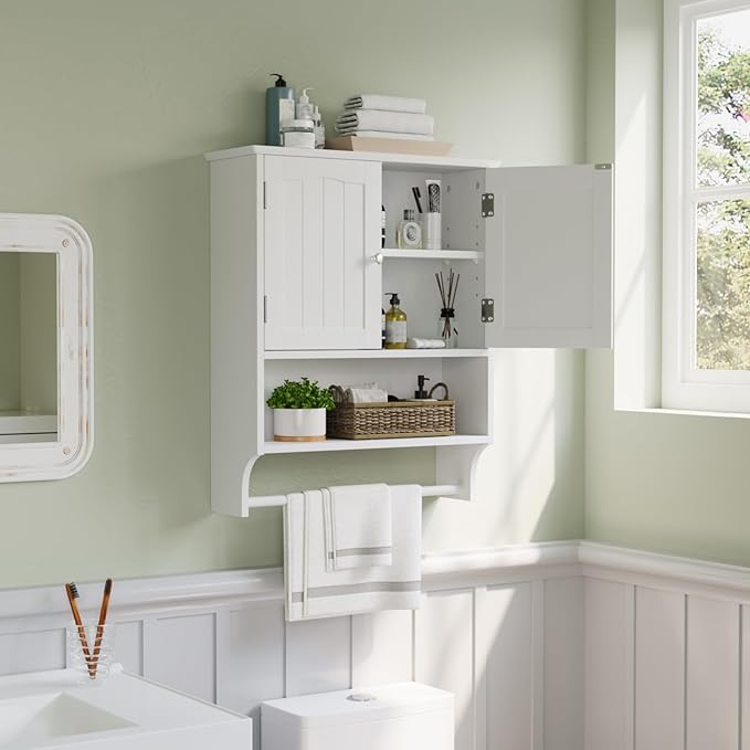 Smuxee White Bathroom Cabinet Wall Mounted with Towels Bar, Bathroom Medicine Cabinet with 2 Door Adjustable Shelves, Over To