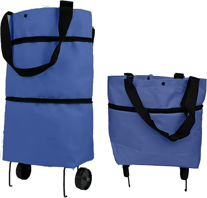 Collapsible Shopping Grocery Bag with Wheels Rolling Tote Bag with Wheels Large Reusable Shopping Bags Foldable Cart(Blue,Large)