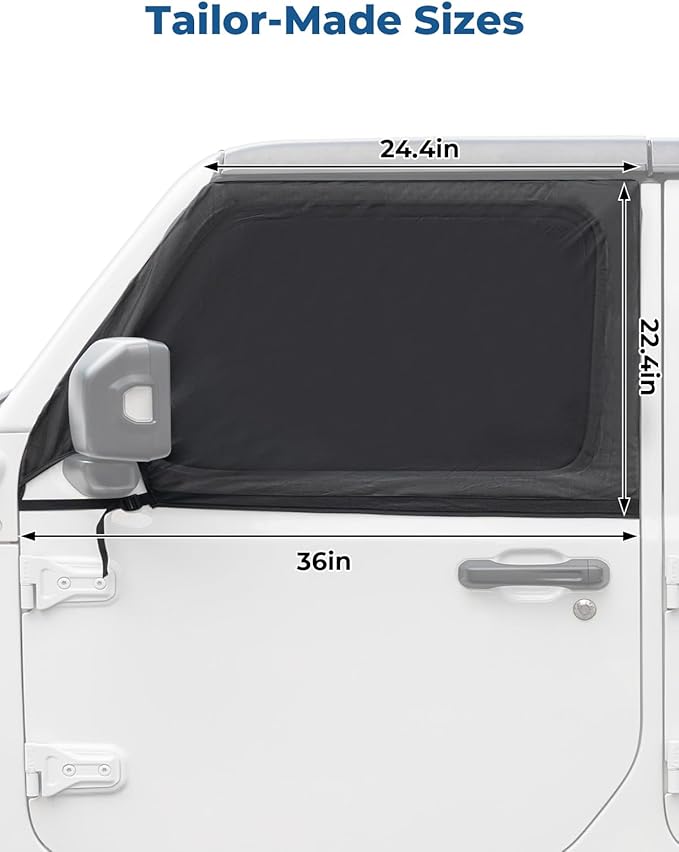 JOYTUTUS Front Wrangler Side Window Sun Shade Camping Window Insect Screen Compatible with Wrangler JK JL Gladiator JT 2007-2026, Car Window Covers for Privacy Blackout 2 Pcs