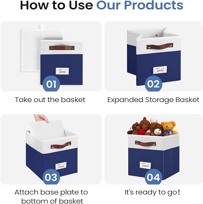 FinishingBo 6-Pack Storage Cubes with Handles & Label Holders Basket, Closet Cube Home Organizer Bins(White/Blue, 10.5 * 10.5