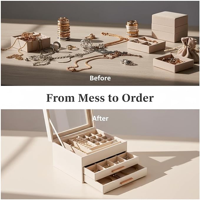 Jewelry Box Organizer with Glass Lid, 3-Layer with Double Drawers, Luxury Velvet Lined Desktop Display Case for Earrings Ring