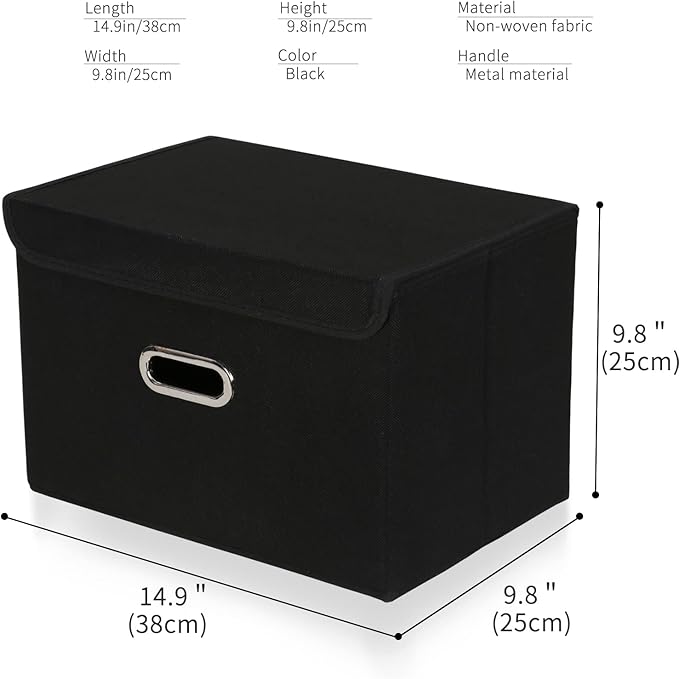 Fabric Foldable Collapsible Storage Cube Bin Organizer Basket with Lid, Handles, Removable Divider for Home, Closet (Black, 3