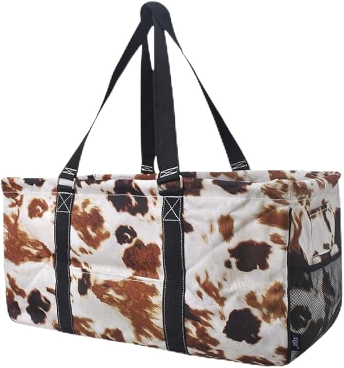NGIL Extra Large Utility Tote Reusable Grocery Organizing Bag Oversized Collapsible for Storage, Picnic,Car, Beach (Cow Print-black)