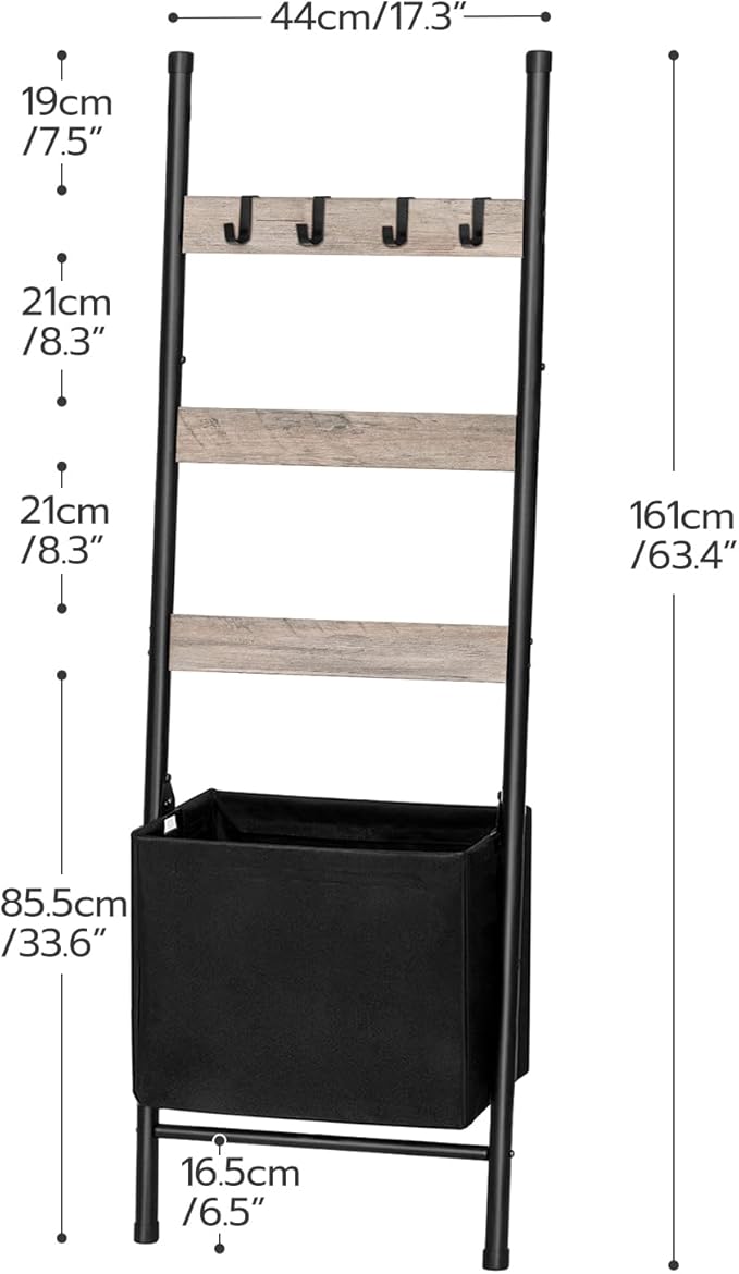 HOOBRO Blanket Ladder with Basket, 17.3”L x 63.4”H, Towel Rack with Hooks, Blanket Holder Rack, Decorative Ladder Shelf, Dryi