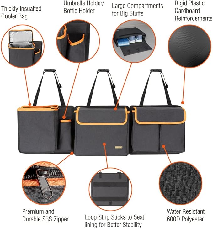 Deluxe Trunk and Backseat Organizer for Medium or large size SUVs & RVs, Detachable Storage Modules with Built-in Cooler,