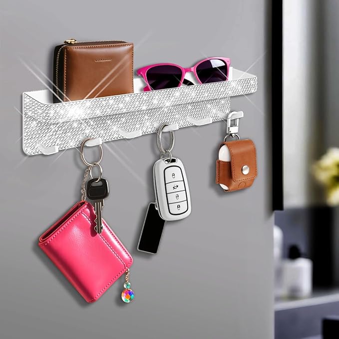 Bling Decorative Wall Mounted Mail Organizer and Key Holder with Glitter Rhinestones Tray,6 Stainless Steel Key Hooks for Hal