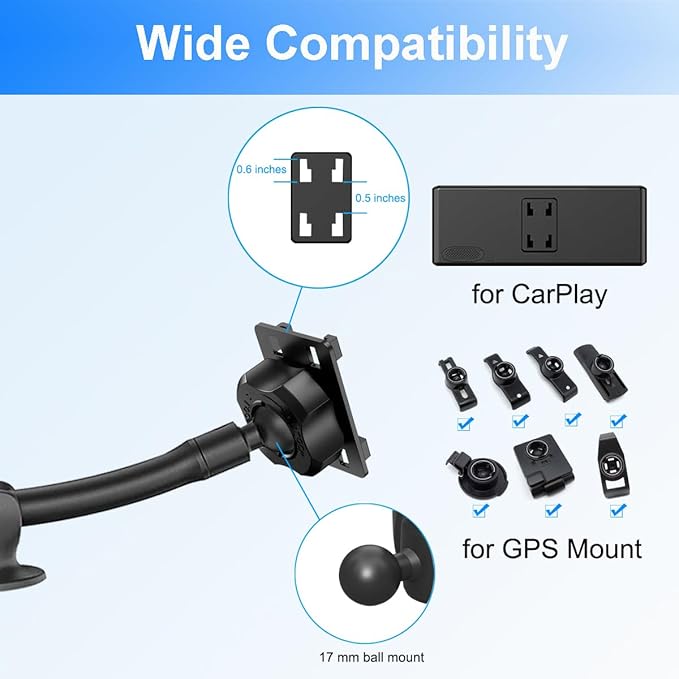 Carplay Mount for Car, Strong Suction Cup Windshield Dash Mount for Carplay Screen, 13 Inches Flexible Gooseneck Arm Dashboard Car Monitor Holder for Apple and Android Carplays