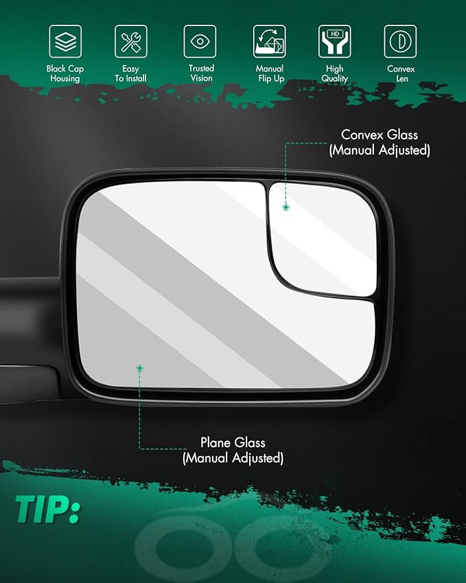 SCITOO Compatible fit For Dodge Towing Mirror Passenger Side Rear View Mirror 1994-2001 For Dodge For Ram 1500 2500 3500 Manual Control Manual Telescoping Folding Feature