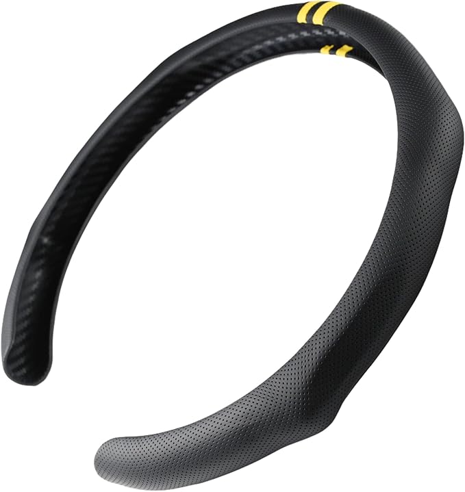 Quick Install Sporty Perforated Nappa Leather Steering Wheel Cover with Yellow Stripes Universal fit 14½" to 15" Car SUV Pick