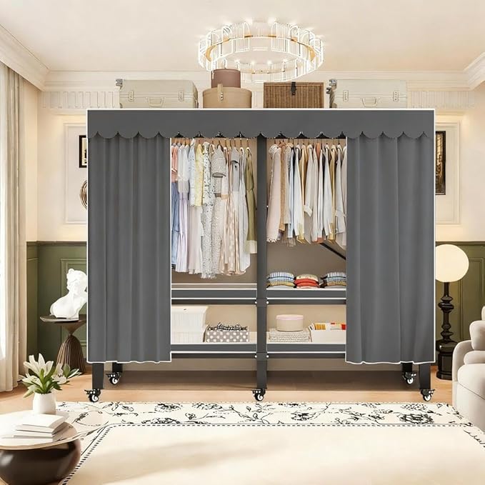 YTLEMON Heavy Duty Wardrobe Closet with Cover, Metal Rolling Clothes Rack, Foldable Portable Closet Organizer System Freestan