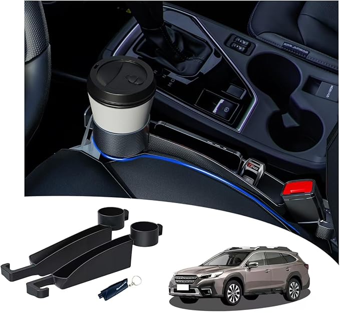 Seat gap filler Compatible with Crosstrek/Forester.Deeper Than Standard Retail Models(7.5cm)|Added Cup Holder (2 Fixed Points) + Hooks + Charging Cable Port |2pcs Black| Free Window Break Hammer 1pcs|