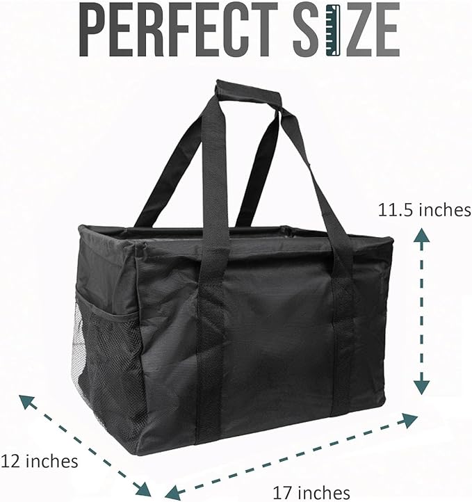 Extra Large Utility Tote Bag - Oversized Collapsible Tote with Wire Frame, Durable Reusable for Beach, Groceries, Laundry, Car Trunk, Storage and Travel - Includes 5x7 Bag with Hook - Black
