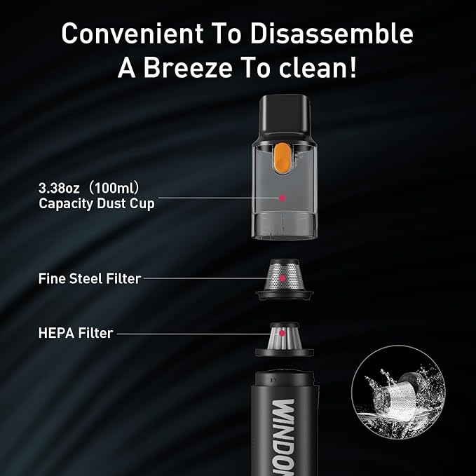 Windone Car Vacuum, 12000Pa 2-in-1 Cleaner & Tire Inflator 150PSI, 60W Brushless Motor, Cordless Handheld Vacuum & Air Pump w