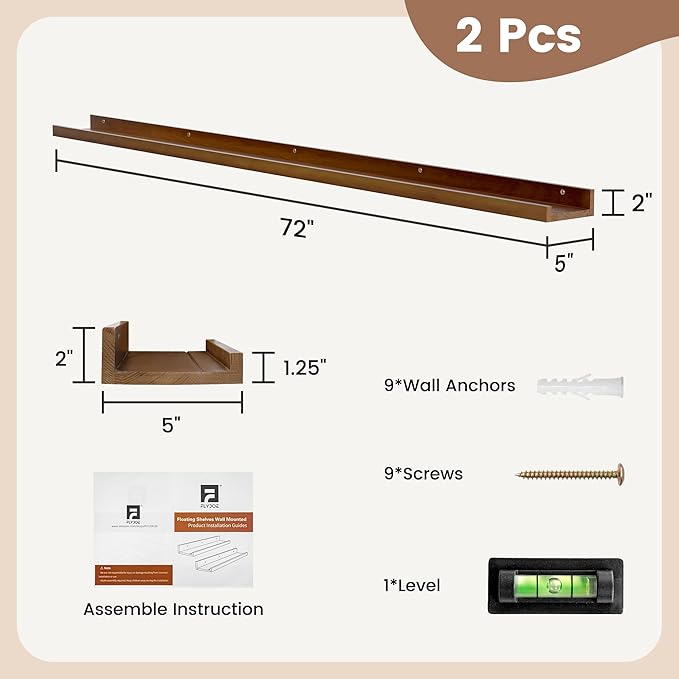 Picture Ledge Shelf, Floating Shelves Set of 2, Solid Ash Wood 72'' Long Large Nursery Book Shelves for Toys Storage, Kids Bo