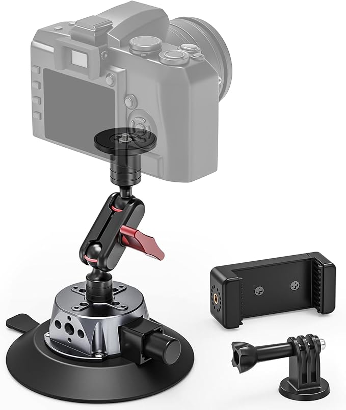 Camera Suction Mount with Ball Head Magic Arm, 5.1"/13cm Metal Air Pump Vacuum Suction Cup Camera Mount on Car Boat Windshield Dash Desk for DSLR/Action Camera/Phone Holder with 1/4" 3/8" ARRI Holes