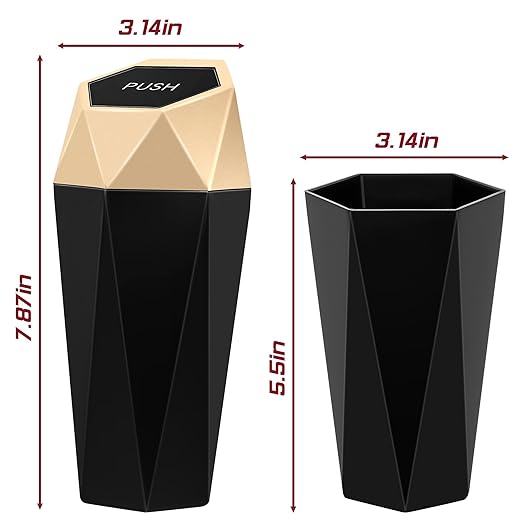 Car Trash Can with Lid, Mini Car Trash Cup with 30 Additional Trash Bags, Car Accessories for Interior, Leakproof Vehicle Garbage Bin for Car, Home, Office - 2 Packs, Gold