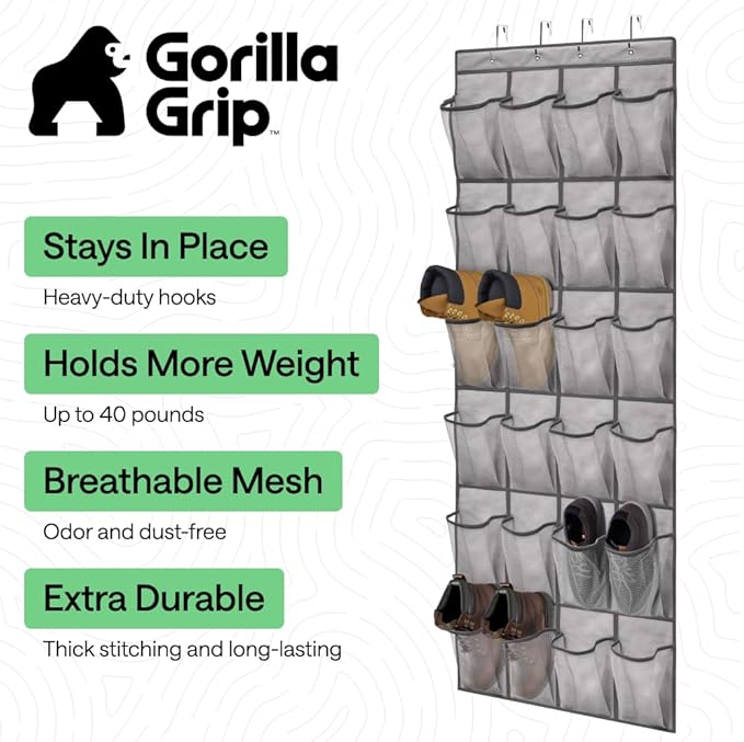 GORILLA GRIP Over the Door Shoe Organizer, 24 Extra Large Breathable Mesh Pockets, Space Saving Hanging Storage Holder, 4 Hoo