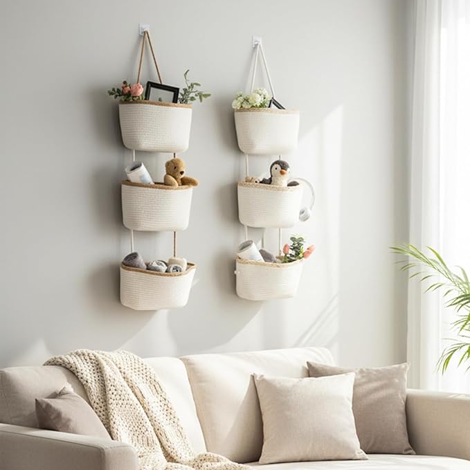 TeoKJ Over the Door Hanging Basket, 3-Tier Woven Cotton Wall-Mounted Storage Organizer Bag Decorative Hanging Nursery Baskets