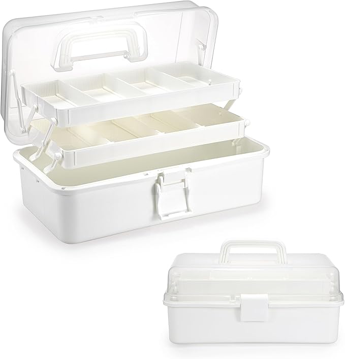 BTSKY 3-Layer Plastic Dividing Storage Box Craft Organizer with Adjustable Spacers Portable Handled Art Supply Organizer Mult