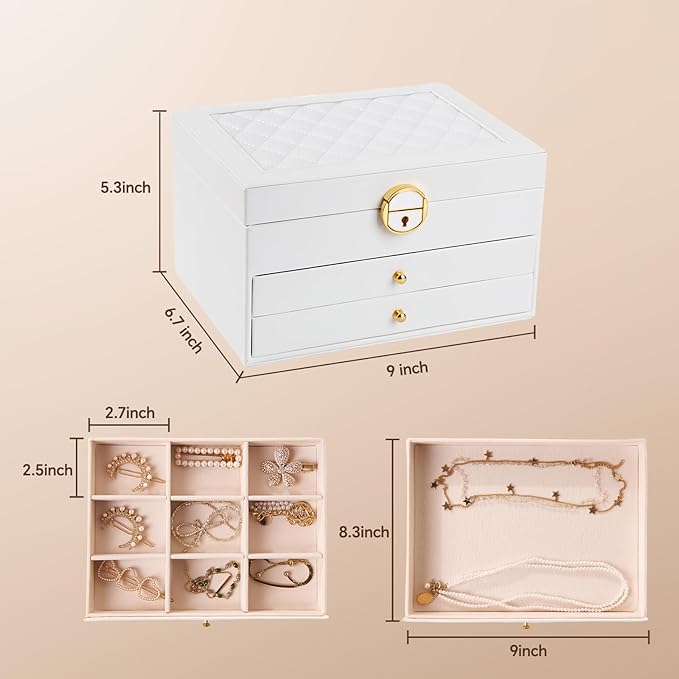 3 Layer Jewelry Box, Jewelry Holder Organizer with Jewelry Organizer Drawer, Large Jewelry Boxes & Organizer with Velvet Earr
