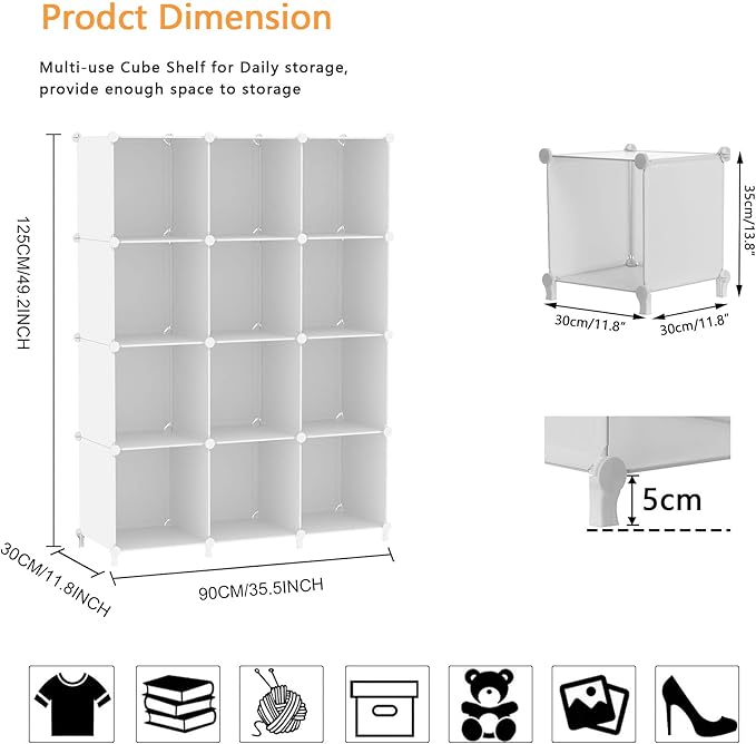 AWTATOS Cube Storage Organizer Storage 12 Cube Bookshelf DIY Plastic Closet Clothes Storage Shelves with Wooden Mallet, Stack