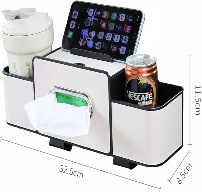 Back Seat Car Organizer, 4-in-1 Multifunctional Storage Box with Cup Holder & Tissue Holder, Premium Leather Adjustable Seat Back Organizer for Phone, Snacks, Purse for SUV Minivan Travel (Beige)