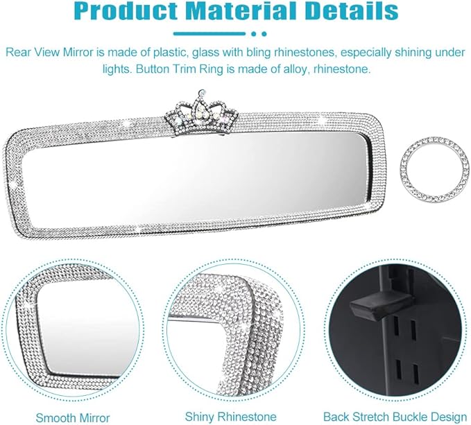 Bling Rhinestone Rear View Mirror Cover, Car Rea r Views Mirro r with Crystal Diamonds Bling Rhinestones Ca r Rears Vie w Mirrors Cars Interior Trim(White,Size:1.56x1.18inch)