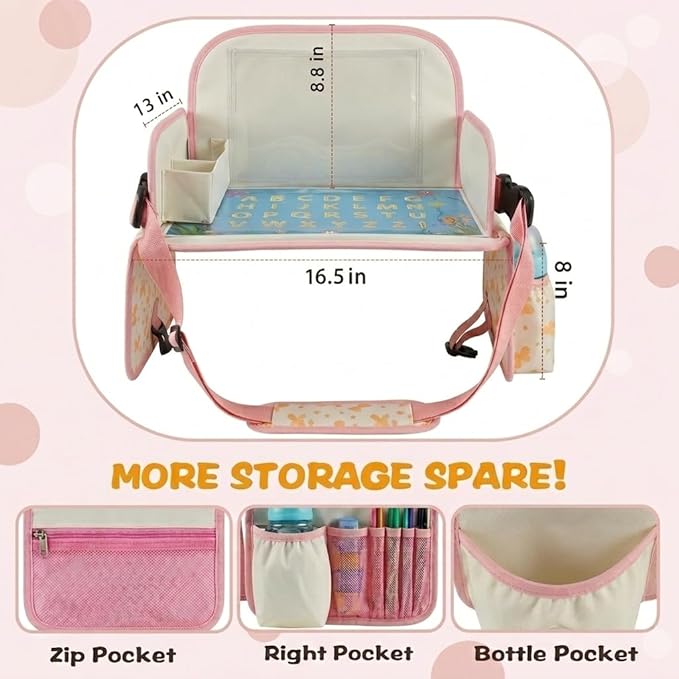 MENZOKE Kids Travel Tray for Toddler Car Seat, Toddler Travel Activities for Girl with iPad Holder Stand & Storage Pockets, R