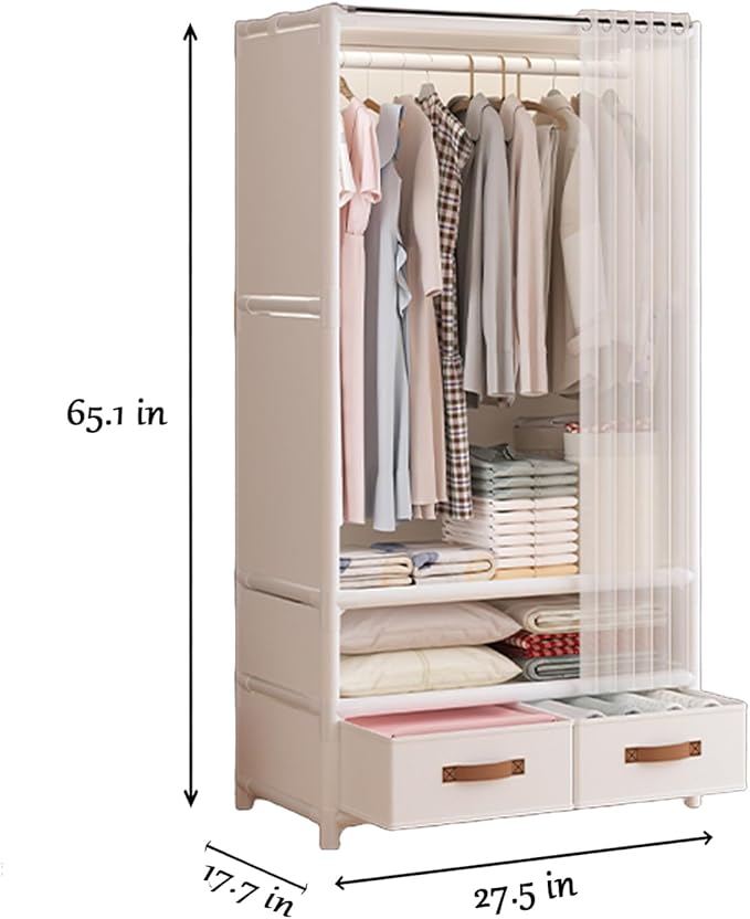 Portable Closet,Portable Closets for Hanging Clothes,Japanese Style Wardrobe Clothing Rack with 2 Drawers,1 Hanging Rods and 
