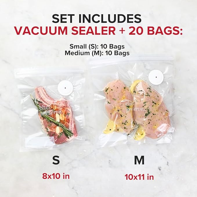 Chef Preserve Compact Vacuum Sealer for Food (Vacuum Sealer Machine + 20 Reusable Vacuum Bags) Powerful Handheld Vacuum Seale