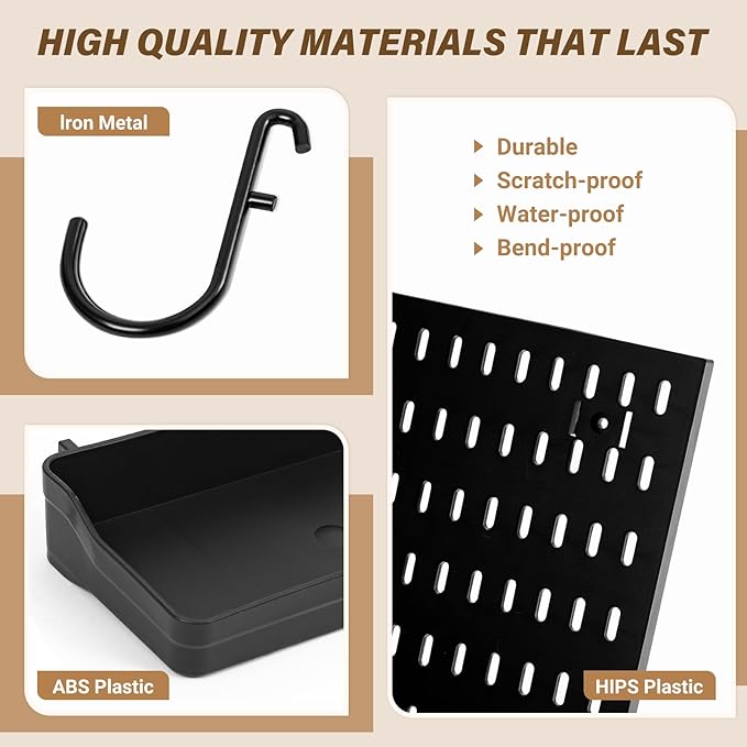 AKTOP Peg Board Wall Organizer 4-Pack – 12"x12" Black Pegboard Combination Kit with 13 Accessories for Wall, Plastic Peg Boar