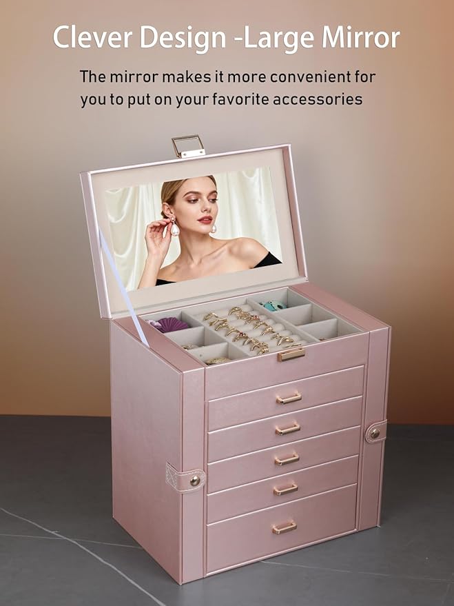 BOOVO Jewelry Box For women, 6 Layer Large Jewelry Organizer With Mirror, Multi-Function Storage Box With Lock, Necklace Hold