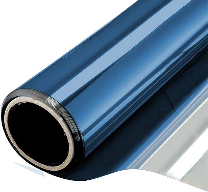 WPCTEV One Way Mirror Window Film Daytime Privacy Heat Control Film Solar Film Non-Adhesive Window Tint for Home and Office Blue & Silver 6 Mil 17.5 Inch x 6.5 Feet