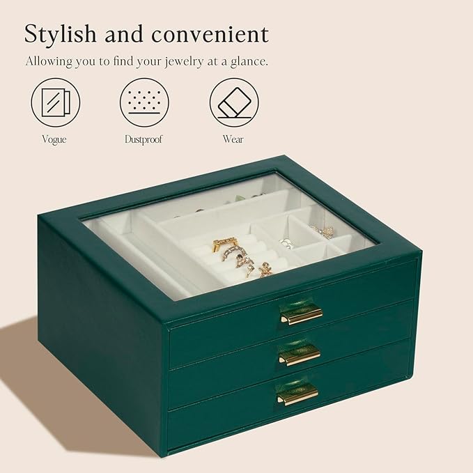 Jewelry Box Organizer with 3 Drawers,Glass Lid Jewelry Boxes for Women,Jewelry Storage for Rings,Necklaces,Earrings,Bracelets