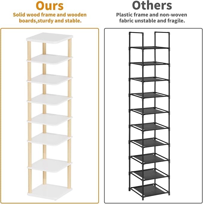 LUCKNOCK Vertical Shoe Rack, 8-Tier Tall Narrow Shoe Organizer for Entryway, Closet, Dorm & Small Spaces, Freestanding Wooden