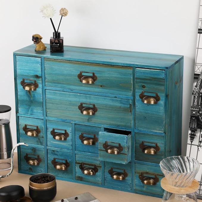 Apothecary Drawers Card Catalog Cabinet with 14 Drawers Wooden Card Catalog Wooden Storage Box for Desktop Organizer (Blue)