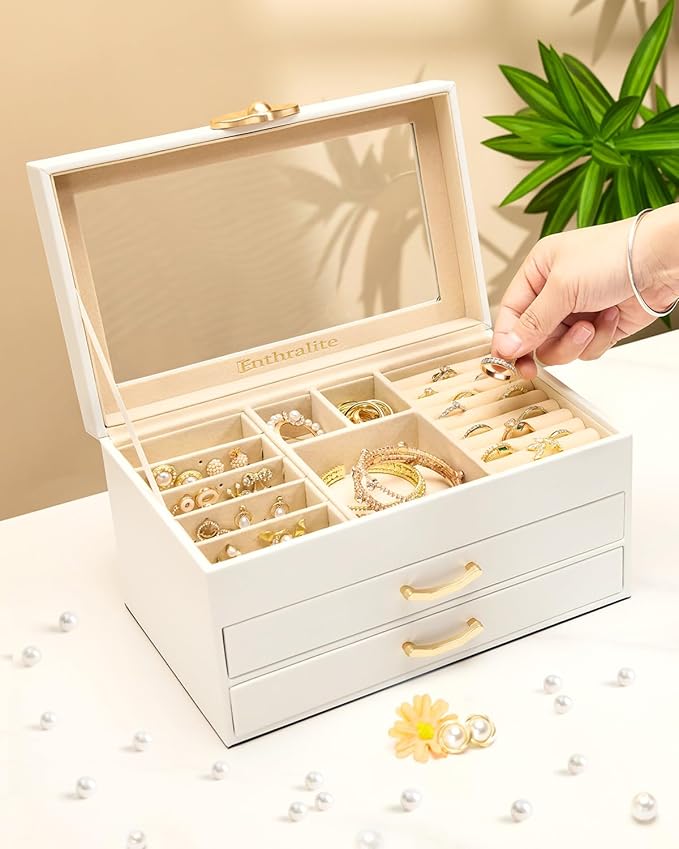 Enthralite Jewelry Box with 2 Drawers: Display Organizer for Earrings Necklaces - Gift for Girls Women (White)