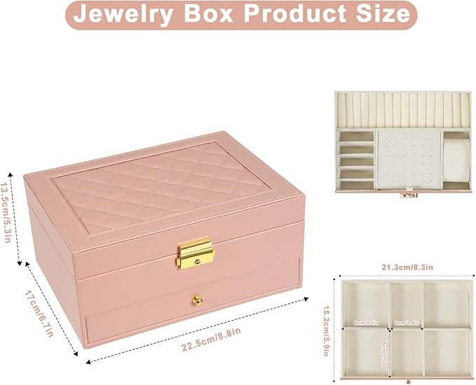 2-Layer Jewelry Box for women, jewelry organizers and storage with Removable Jewelry Tray, vintage quilted top Lockable Jewel