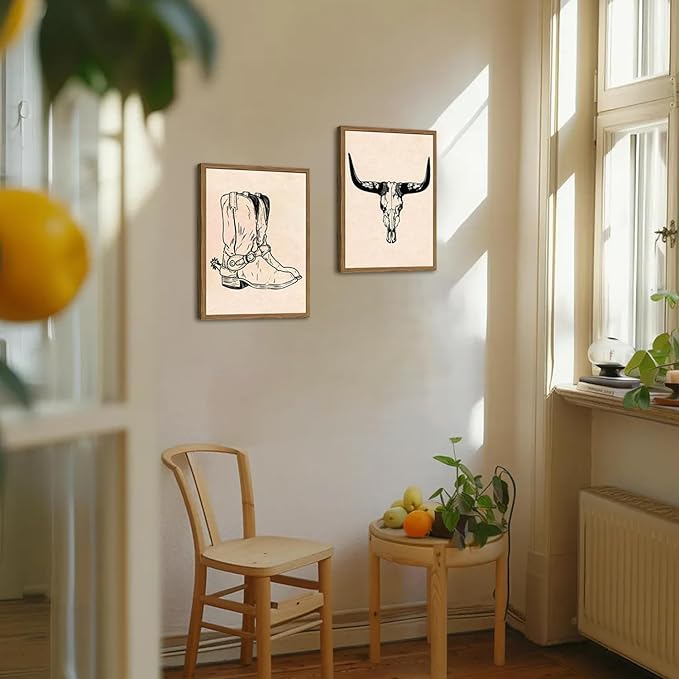 Vintage Western Wall Art Set of 3, Southwestern Cowboy Wall Decor Paintings, Black and White Longhorn Bull Skull Canvas Print