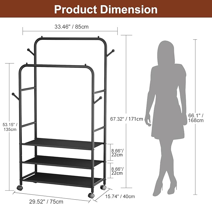 Furologee Clothes Racks for Hanging Clothes, Portable Rolling Garment Rack, Sturdy Metal Freestanding Cloths Racks with Wheel