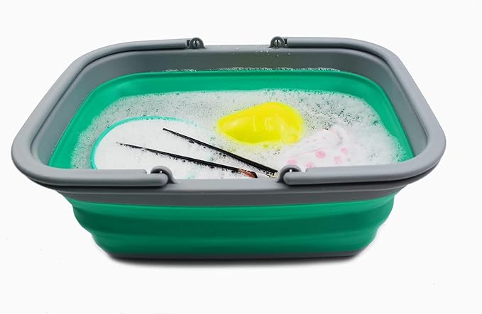 SAMMART 9.2L (2.37Gallon) Collapsible Tub with Handle - Portable Outdoor Picnic Basket/Crater - Foldable Shopping Bag - Space Saving Storage Container (1, Grey/Bluish-Green)