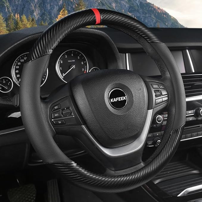 KAFEEK Car Steering Wheel Cover Men, Universal 15 inch, Microfiber Leather Carbon Fiber Black Steering Wheel Accessories, Ant