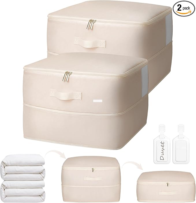 2 Pack Comforter Storage Bag, 68L Blanket Storage Bags Self Compression Comforter Organizer and Storages, Space Saving Washab