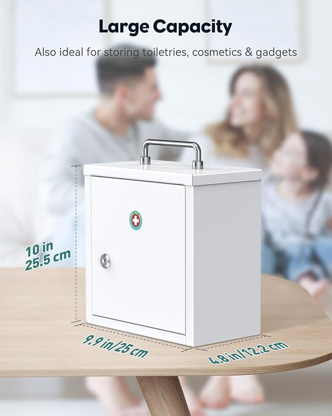 Uniclife Wall Mount Medicine Cabinet with Key Lock & Handle Locking First Aid Cabinet Lockable Medical Cabinet Lightweight Me
