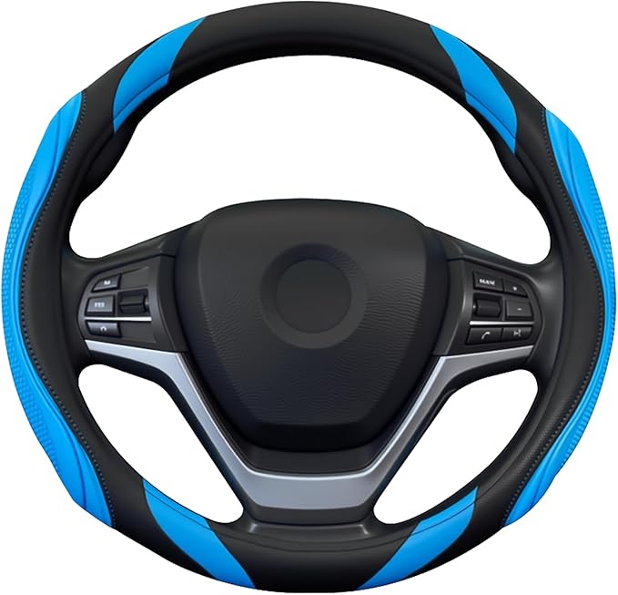 Concave Convex Massage Black Blue Microfiber Leather Steering Wheel Cover, 14.5-15 Inch Non-Slip Breathable Microfiber Car St