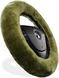 Furry Fluffy Wool Sheepskin car Steering Wheel Cover for Girls Women Universal car 14 1/2-15 1/2inchs (Pea Green)